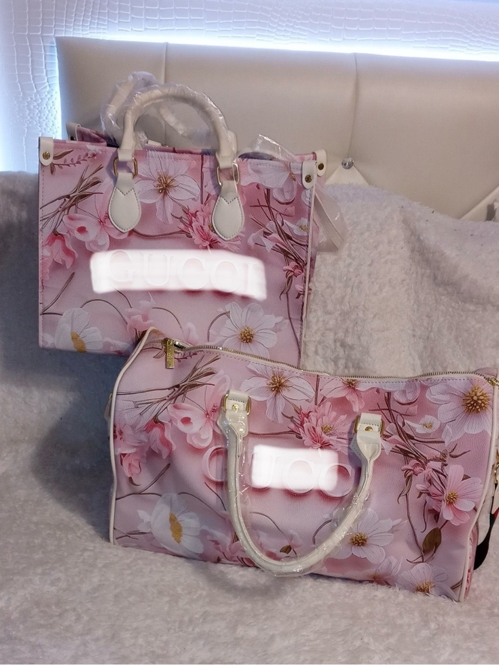 GUCCIDesigner Pink Floral Tote and Duffle Set